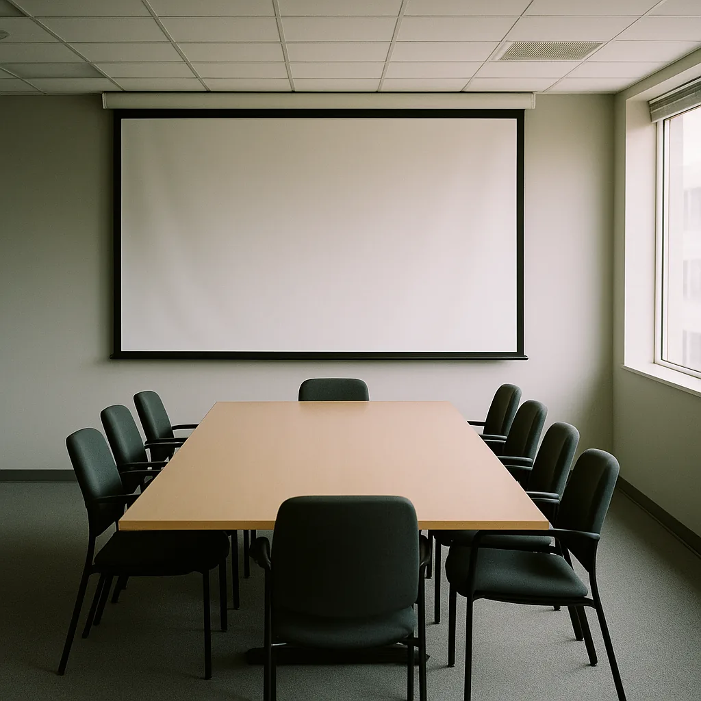 TOEIC Part1 問題4 無人の会議室。正面の壁にプロジェクター用のスクリーンが下ろされており、長机と椅子が並んでいる。